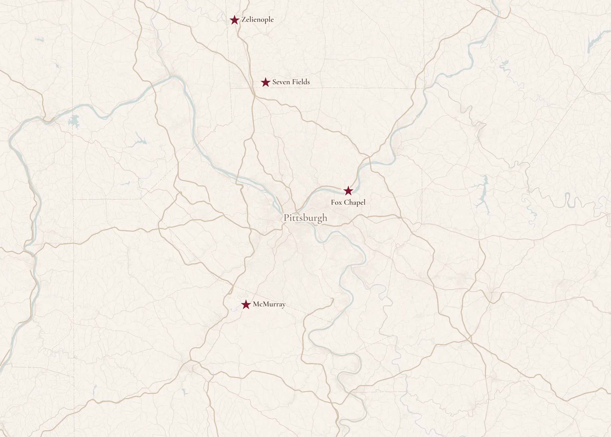 Map of our four offices around Pittsburgh: Zelienople, Seven Fields, Fox Chapel, and McMurray